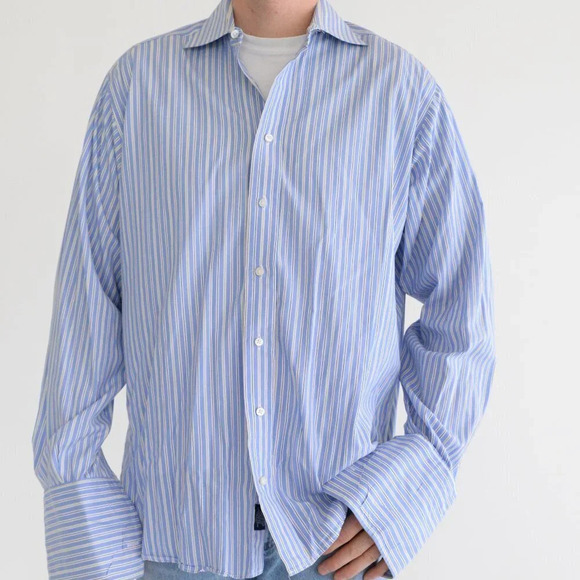 Vintage Burberry London Blue Stripe Button Down made in USA Dress Shirt - Picture 2 of 14